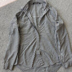 Zara Striped High Low Button Down Shirt - Grey & White Pinstripe